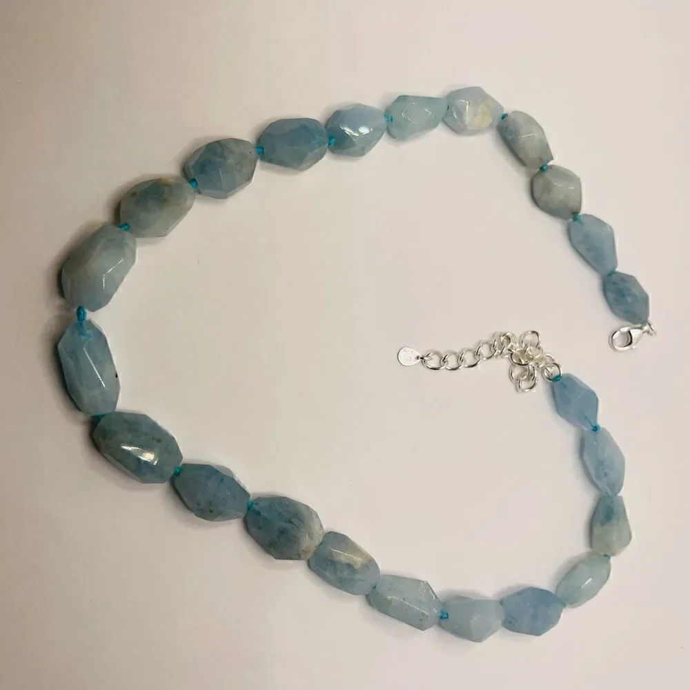 Natural aquamarine nugget choker necklace 925 sterling
